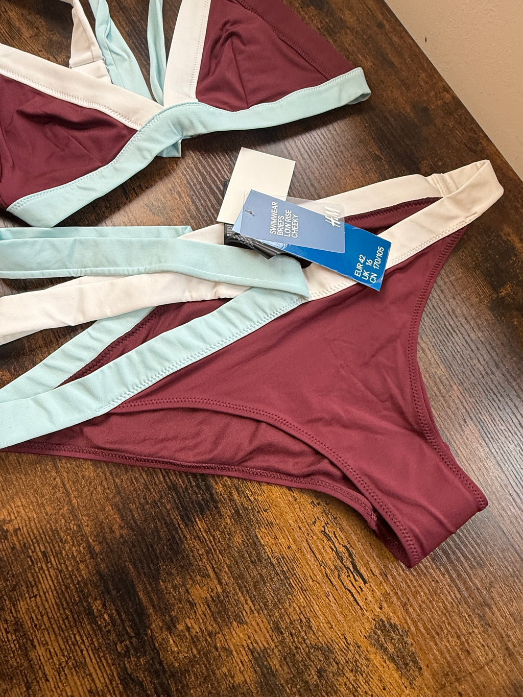 BNWT H&M Burgundy Contrast Trim Bikini Set UK 14 Top UK 16 Bottoms