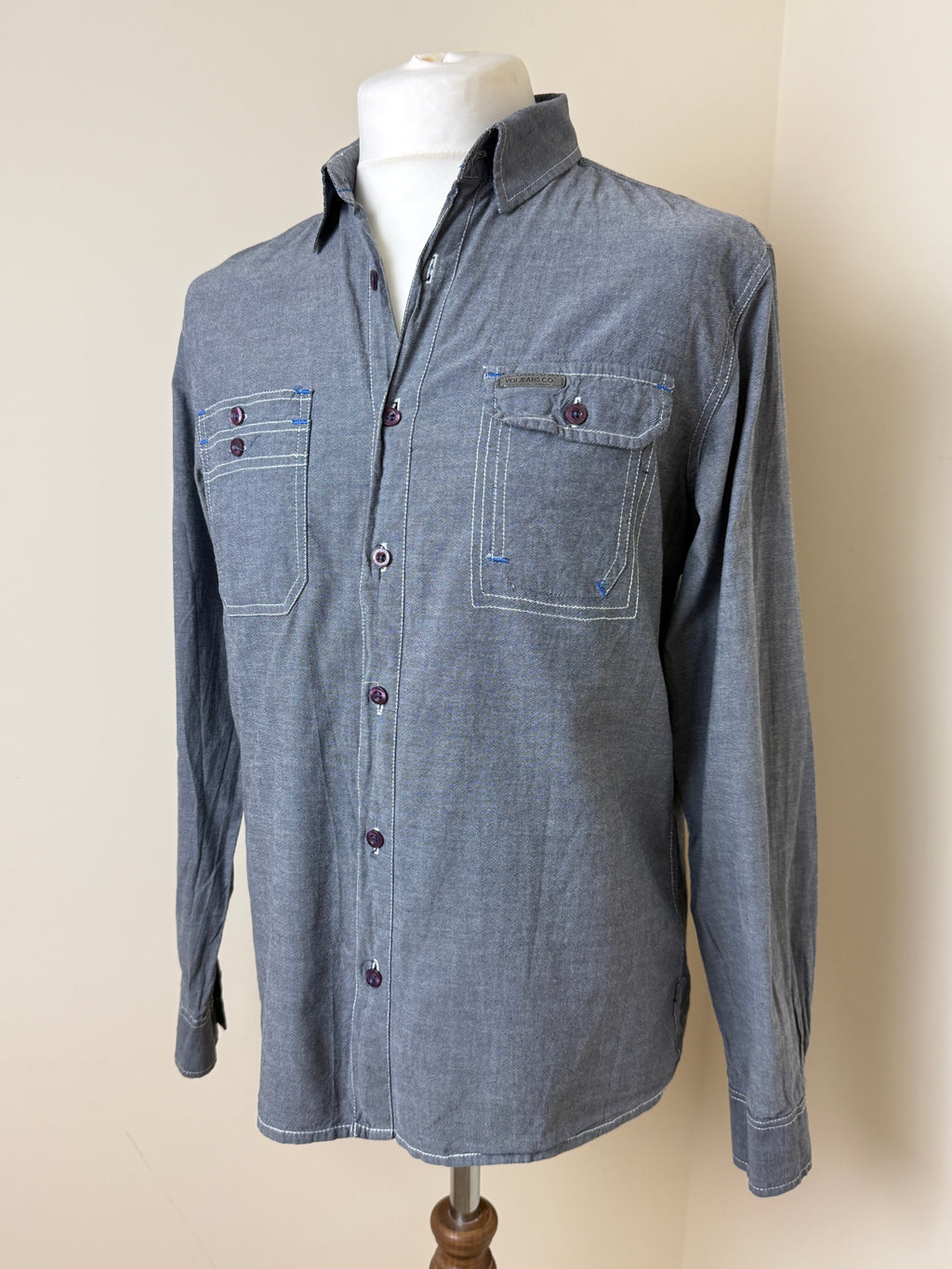 VOI Jeans Grey Chambray Utility Shirt Mens Large