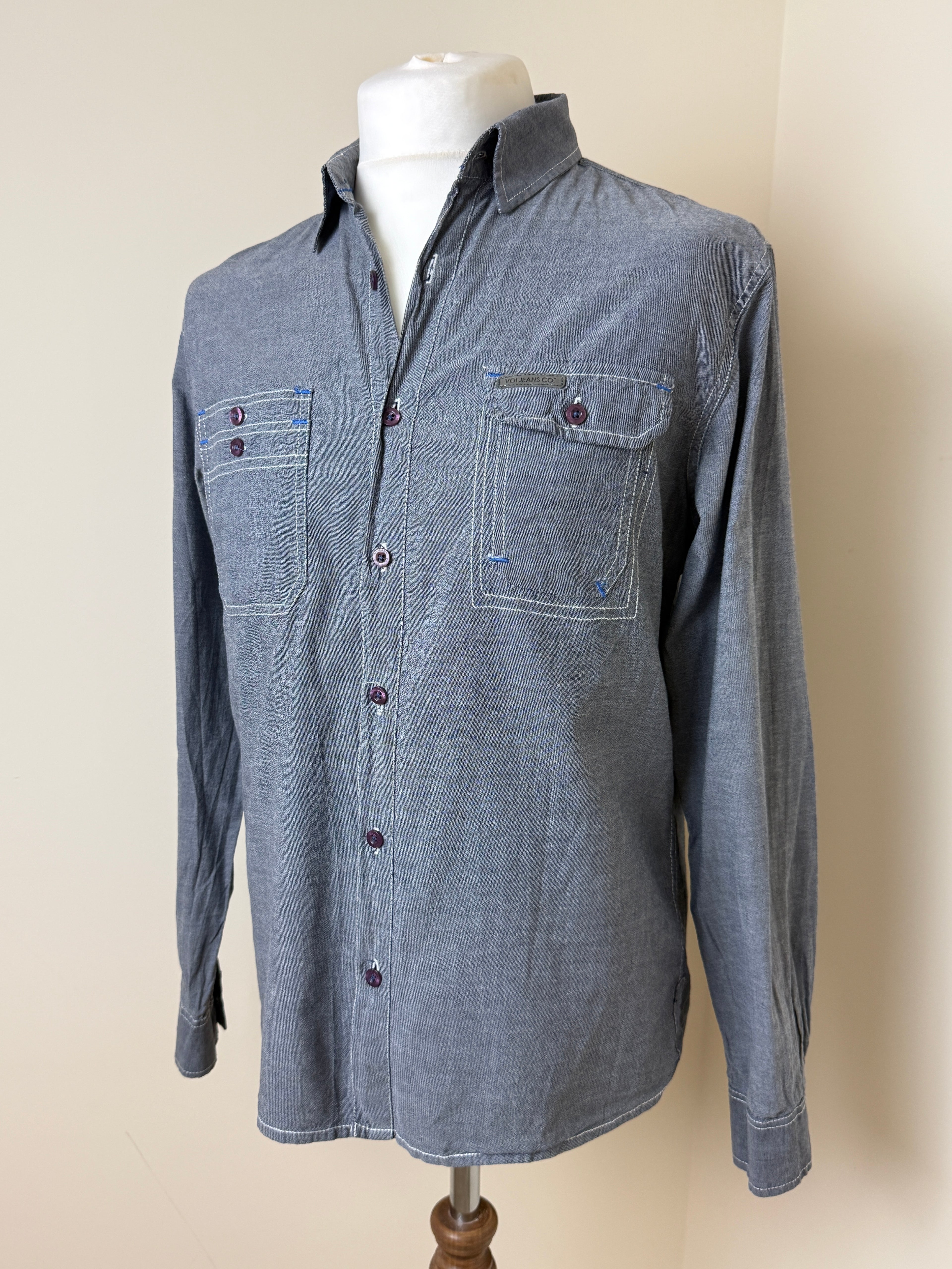 VOI Jeans Grey Chambray Utility Shirt Mens Large