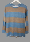 TU Jersey Top Blue Tan Long Sleeve Crew Neck Dip Hem Lightweight UK8