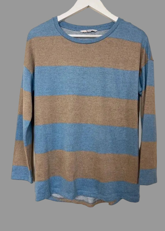 TU Jersey Top Blue Tan Long Sleeve Crew Neck Dip Hem Lightweight UK8