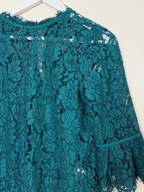 Next Emerald Green Lace Blouse Sheer Overlay Camisole Flare Sleeve UK10