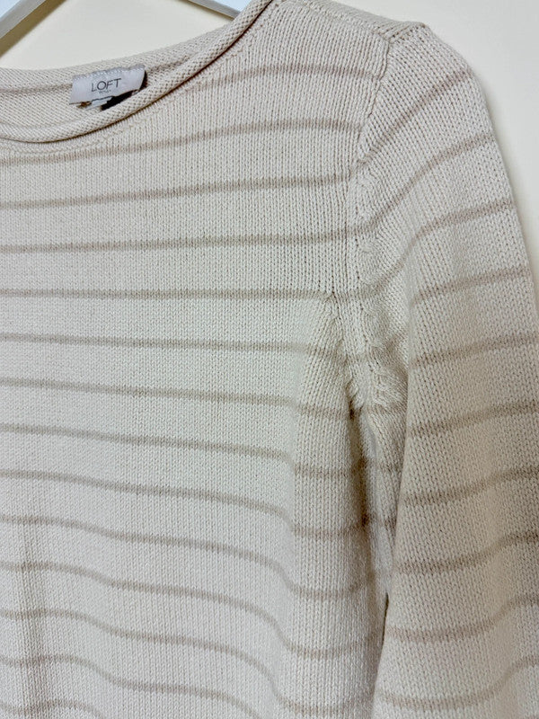 LOFT Cotton Blend Ivory Striped Crew Neck Jumper - Small