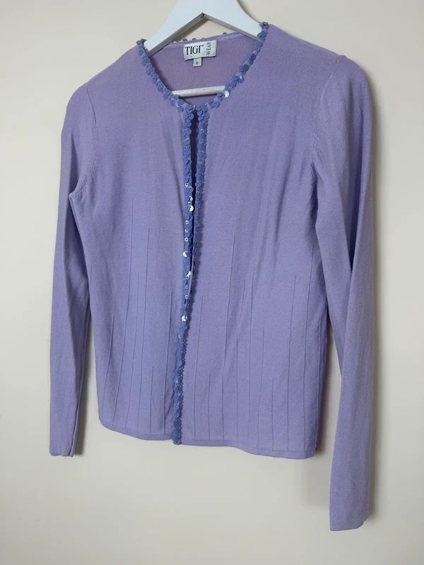 TIGI Cardigan Lavender Sequin Trim Fine Knit Hook Eye UK10
