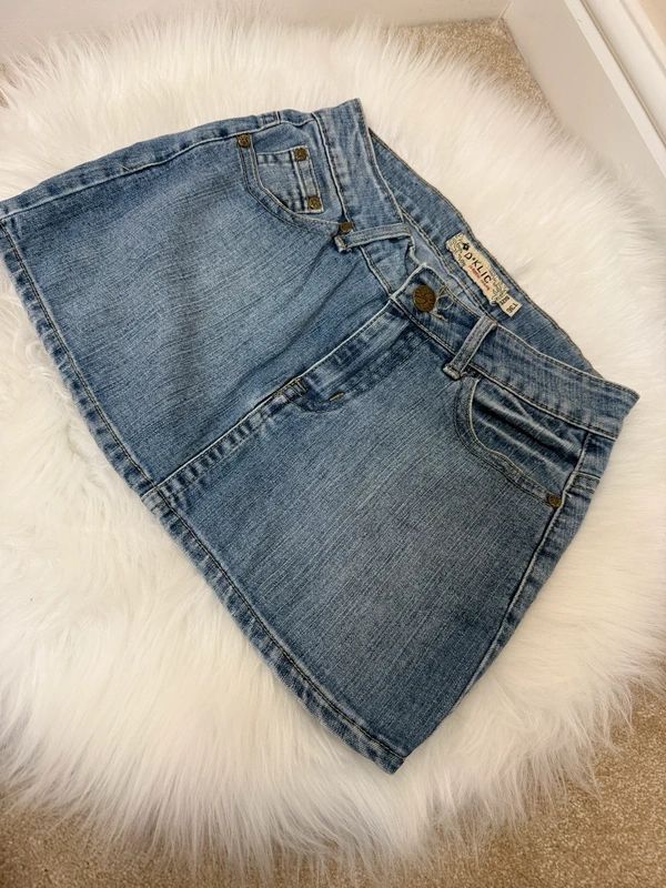 D*Klic Lightwash Denim Mini Skirt Y2K Skull Embroidery Low Rise UK8