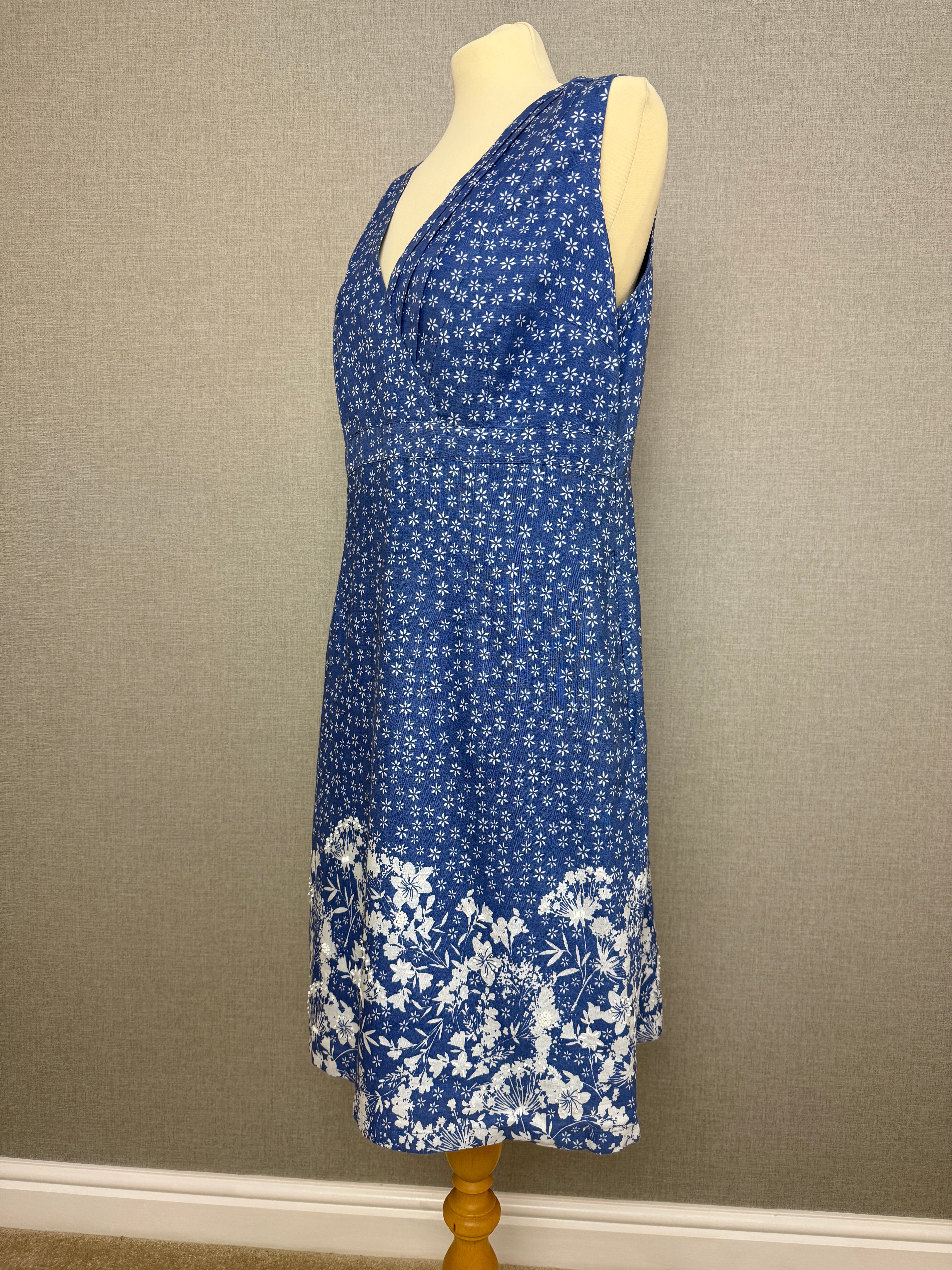 Per Una Blue Floral Linen Blend Sleeveless Summer Dress UK16