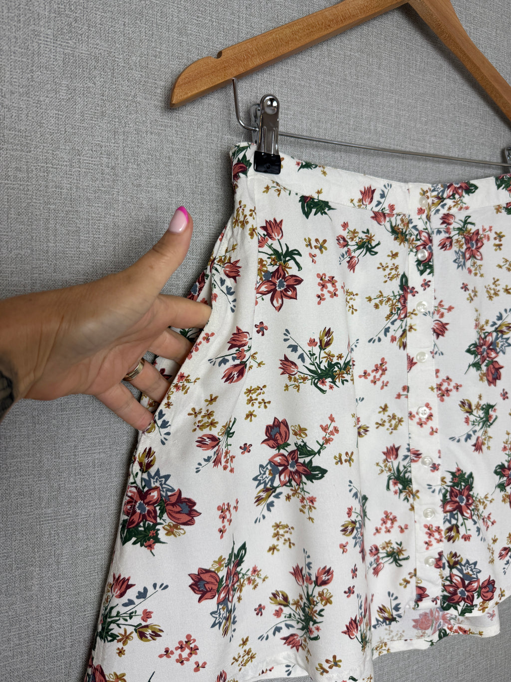 Superdry White Floral Button Front Mini Skirt Boho Summer UK12