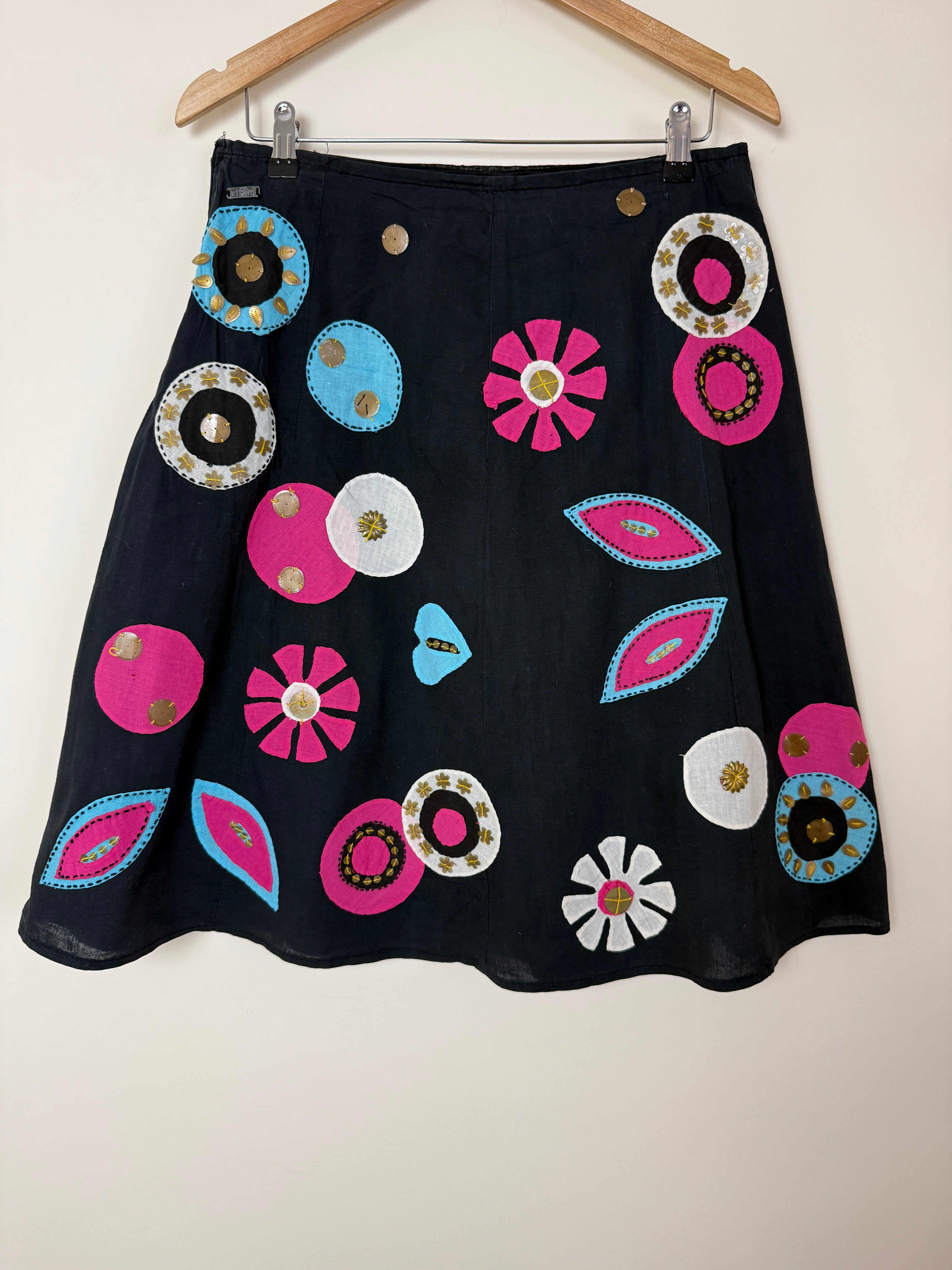 Uttam London Mini Skirt Black Applique Metal Detail Boho Festival Medium
