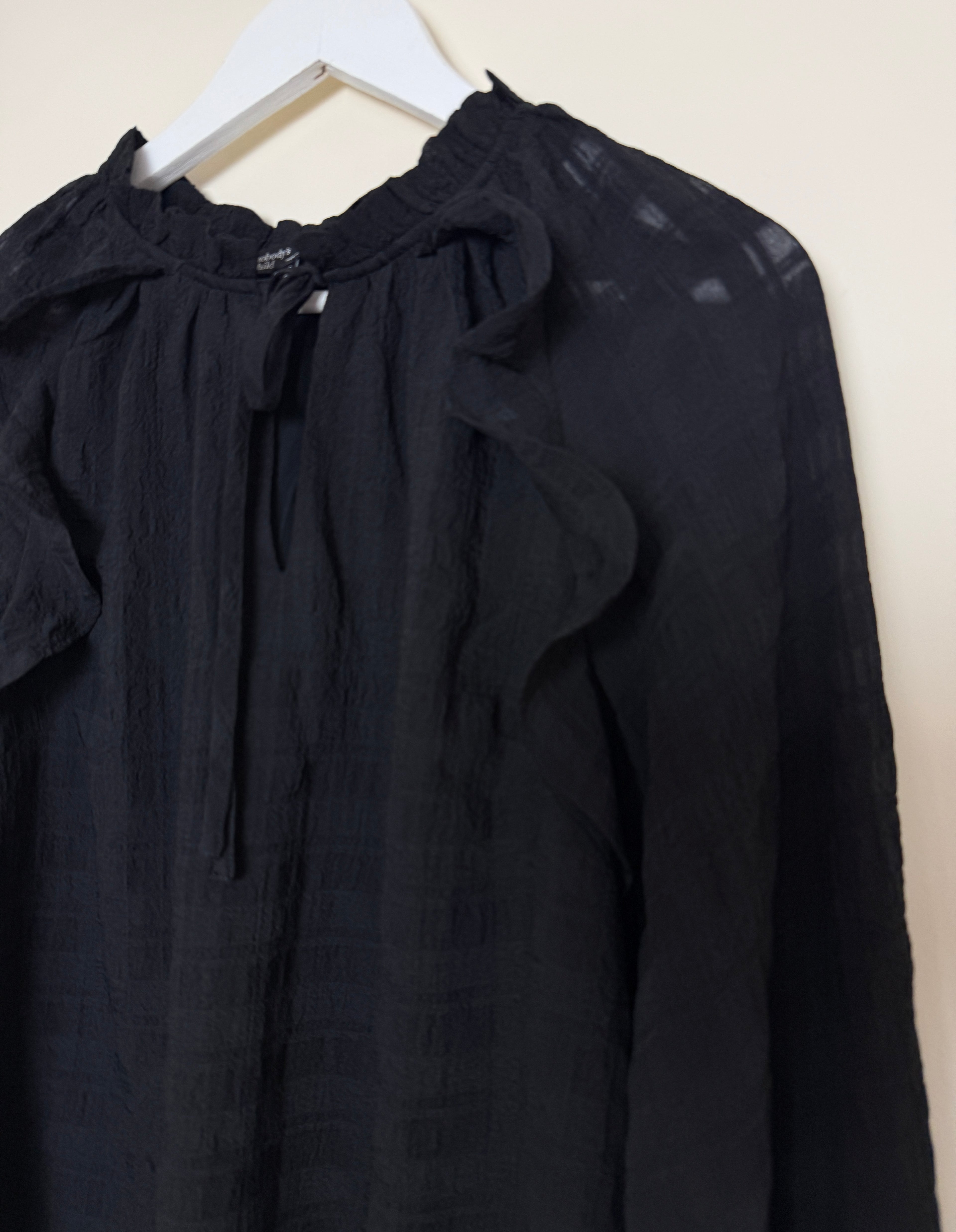 Nobody’s Child Black Ruffle Neck Textured Blouse UK 12 - Preloved