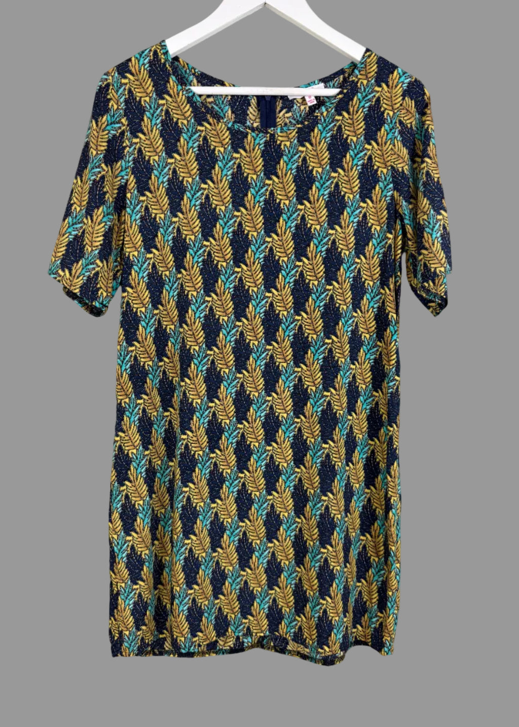 SES Fashion Leaf Print Viscose Shift Dress UK 10 Navy Mustard Turquoise