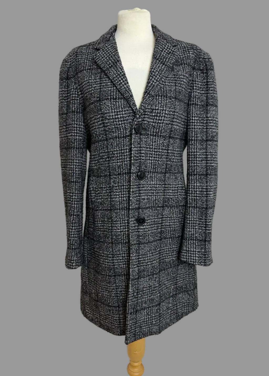 Primark Black White Dogtooth Check Wool Blend  Overcoat - Small