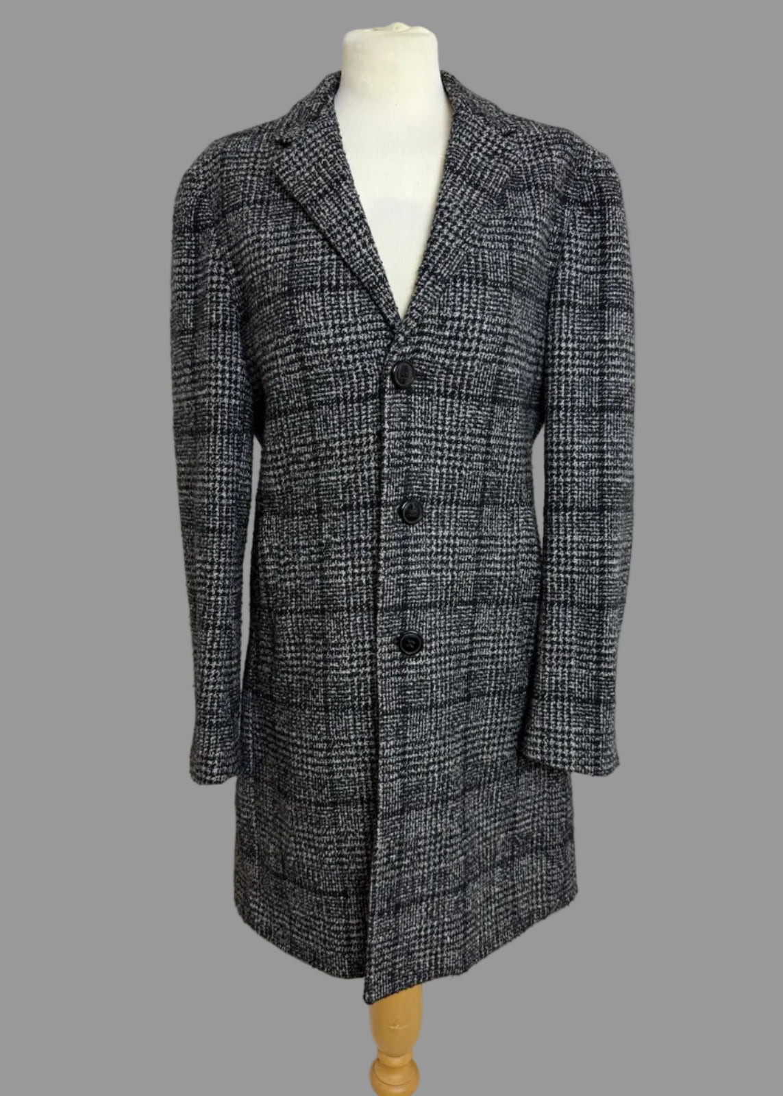 Primark Black White Dogtooth Check Wool Blend  Overcoat - Small