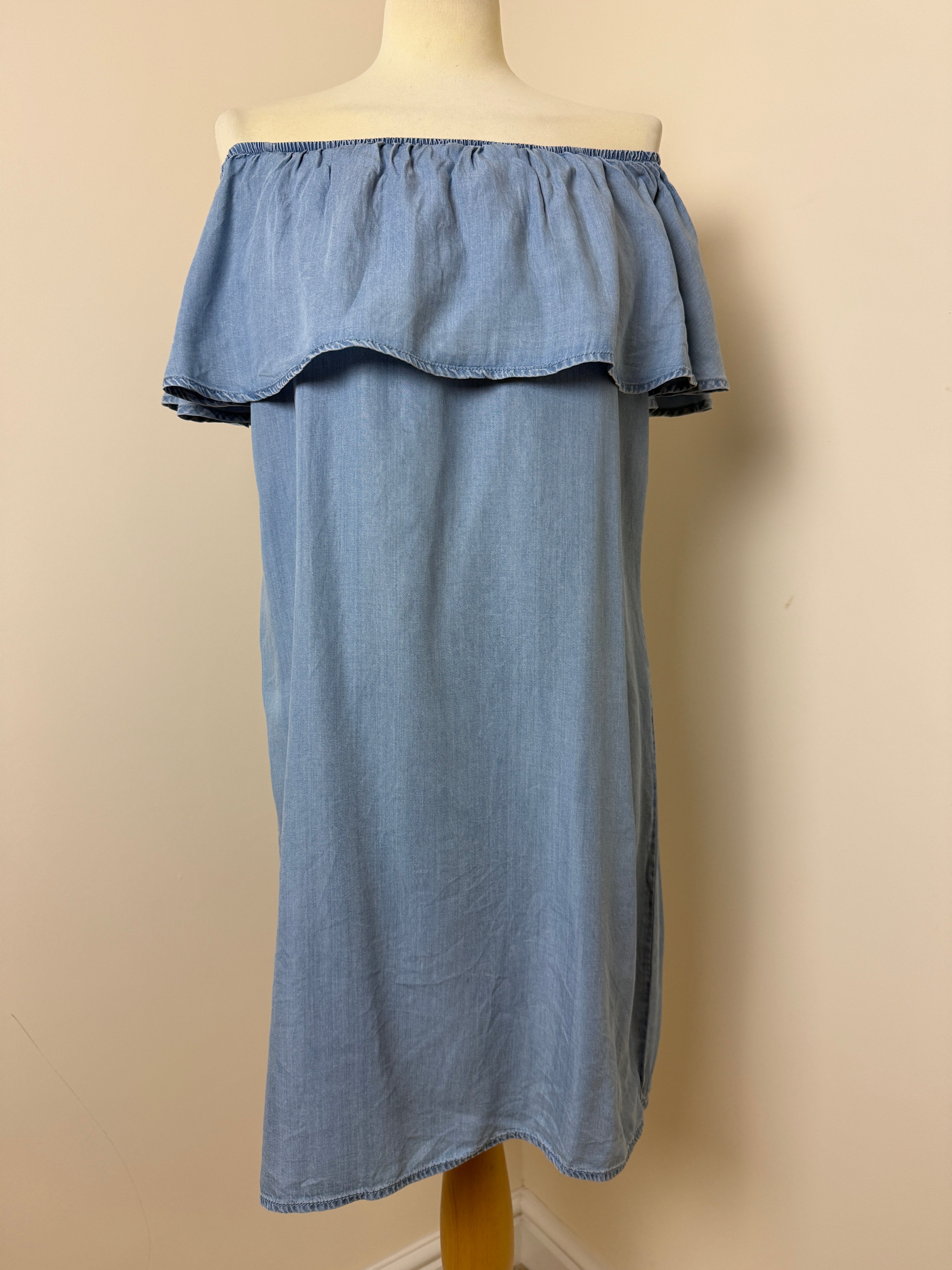 Peacocks Blue Chambray Bardot Dress UK14 Tencel Summer Midi