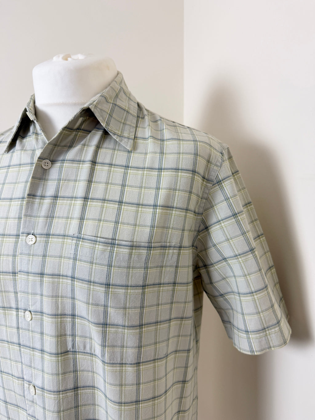 Marks & Spencer Beige Blue Check Cotton Shirt Mens Small ( more medium )