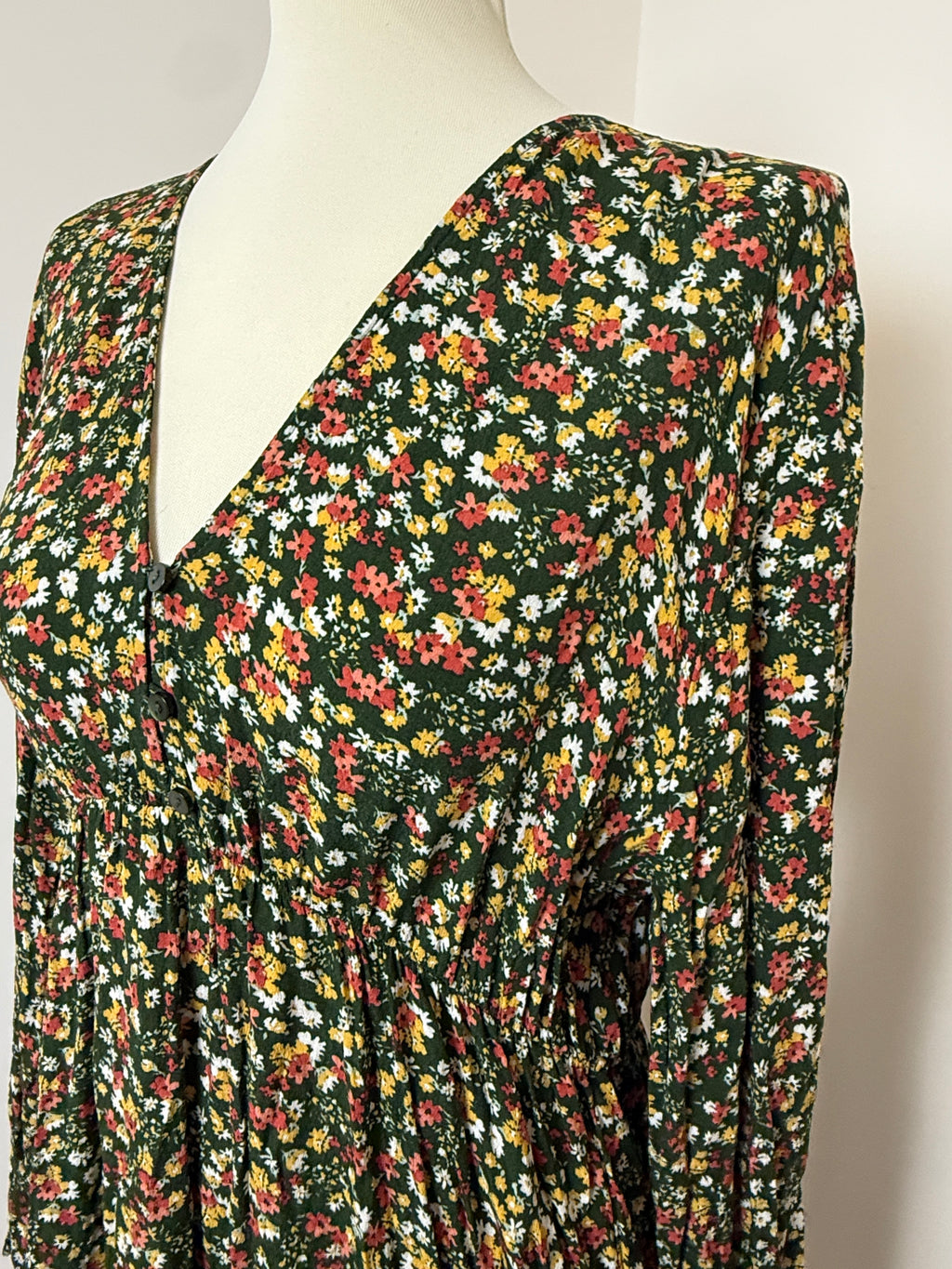 Apricot Green Ditsy Floral Smock Dress UK16 Long Sleeve Boho