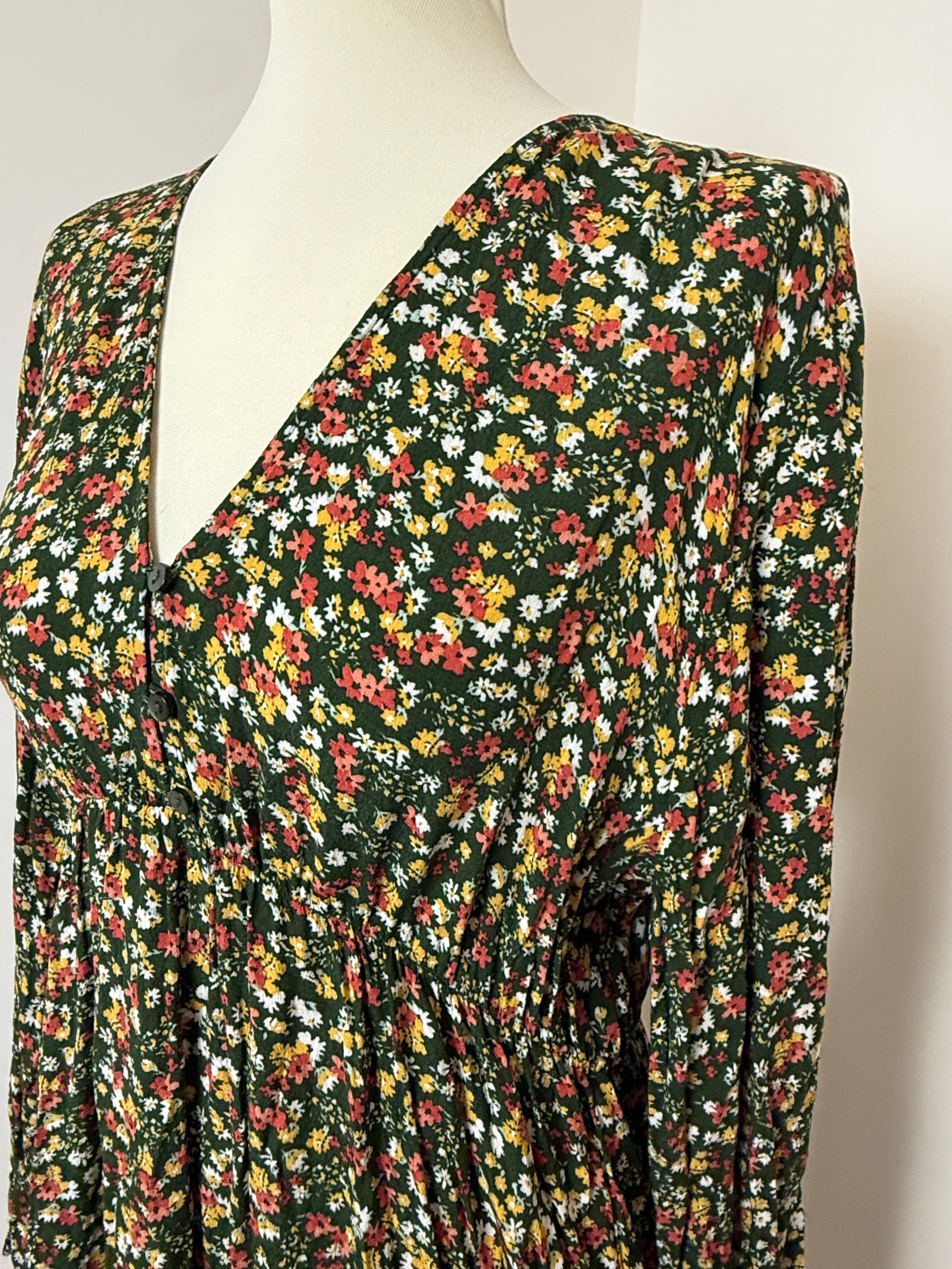 Apricot Green Ditsy Floral Smock Dress UK16 Long Sleeve Boho
