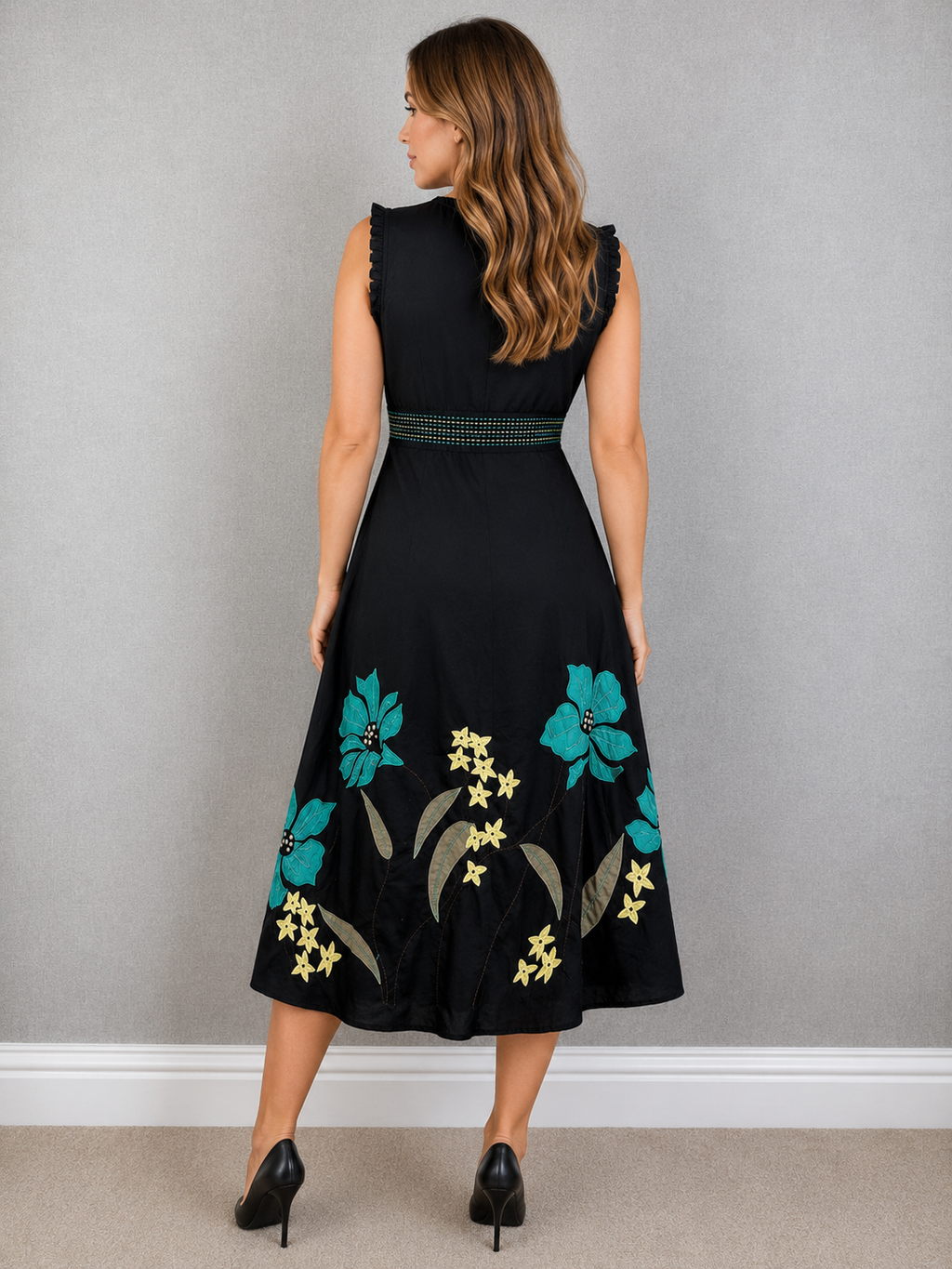 Rocha John Rocha Black Embroidered Floral Cotton Dress UK 12 – Preloved