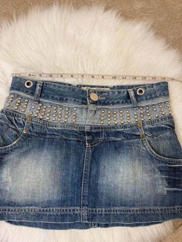 First Moon Y2K Grunge Denim Micro Mini Skirt Studded Distressed Pockets UK10