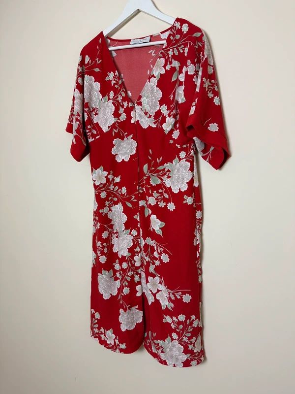 Truth & Fable Red Oriental Floral Kimono Style Midi Dress V Neck XL