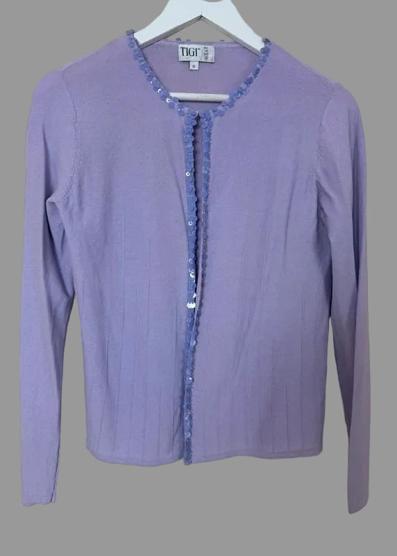 TIGI Cardigan Lavender Sequin Trim Fine Knit Hook Eye UK10