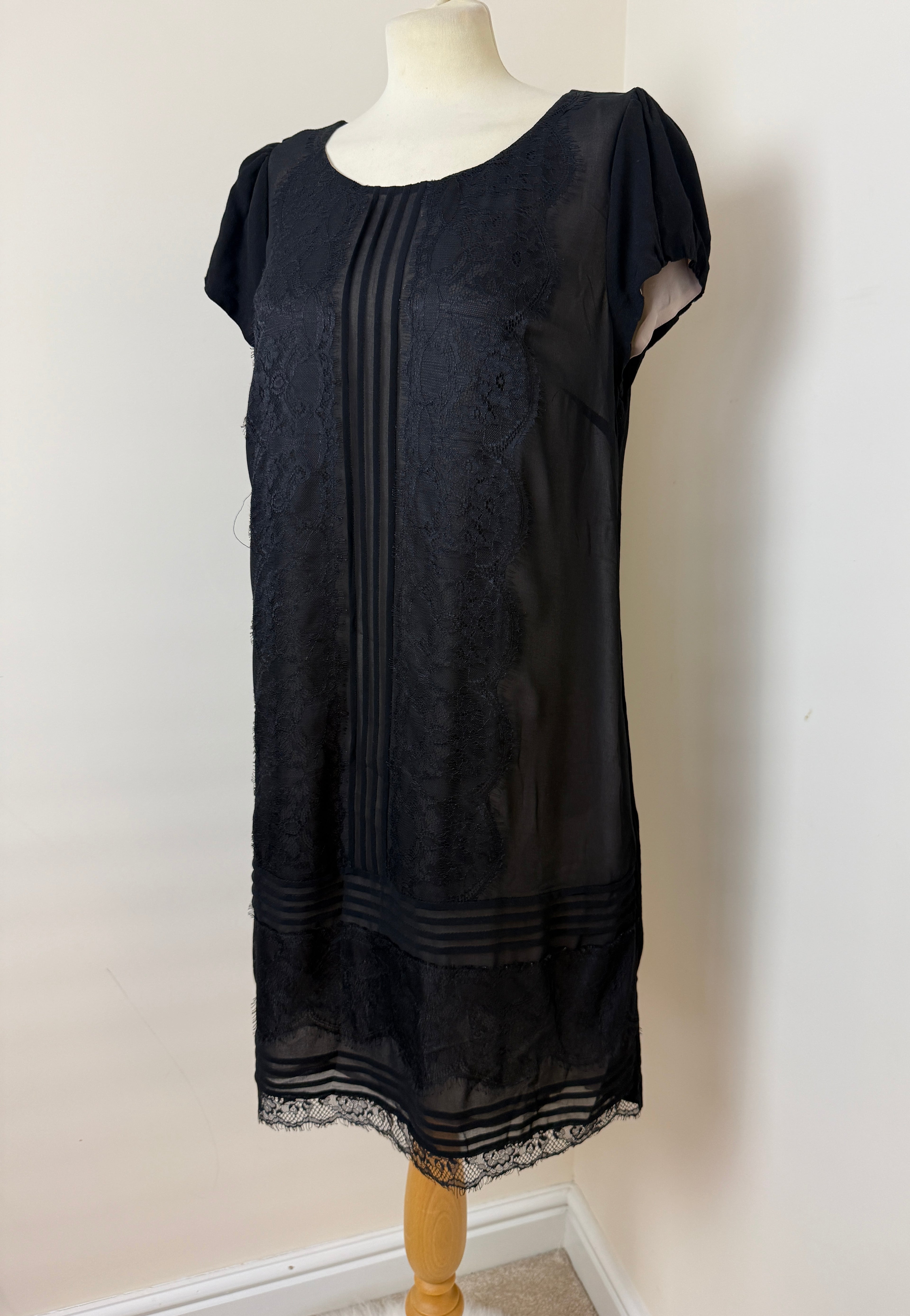Rocha John Rocha Black Lace Panel Shift Dress UK16 Scoop Neck Nude Lined