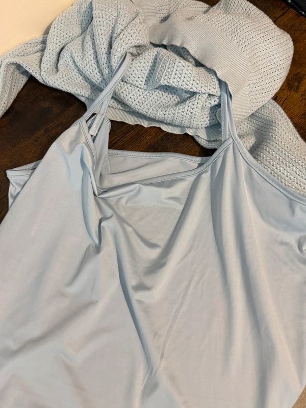 Ralph Lauren Pastel Blue Lace Knit Jumper Ruffle Shoulder Camisole Layered XL
