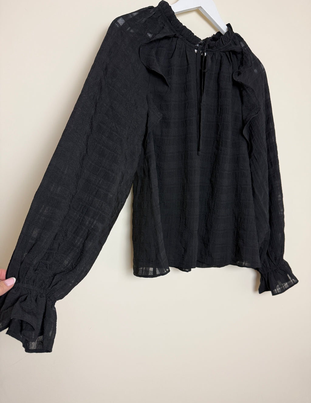 Nobody’s Child Black Ruffle Neck Textured Blouse UK 12 - Preloved