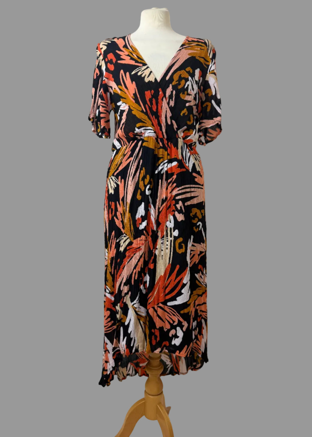 Together Orange Tan White Wrap Dress UK14 V-Neck Crinkle Dip Hem