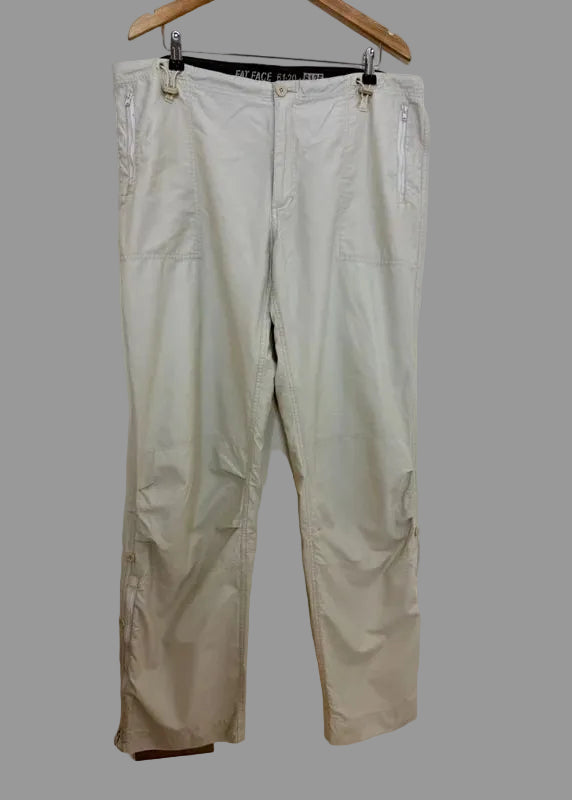 Fat Face Cargo Trousers Beige Turn Up Zip Ankle Adjustable Waist UK18 Long