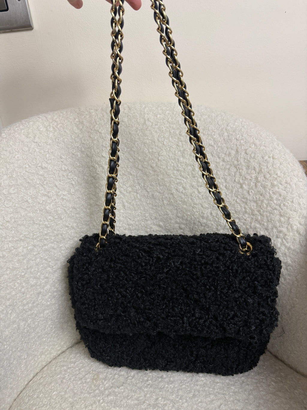 Missguided Black Sherpa Flap Bag Chain Strap Shoulder Bag
