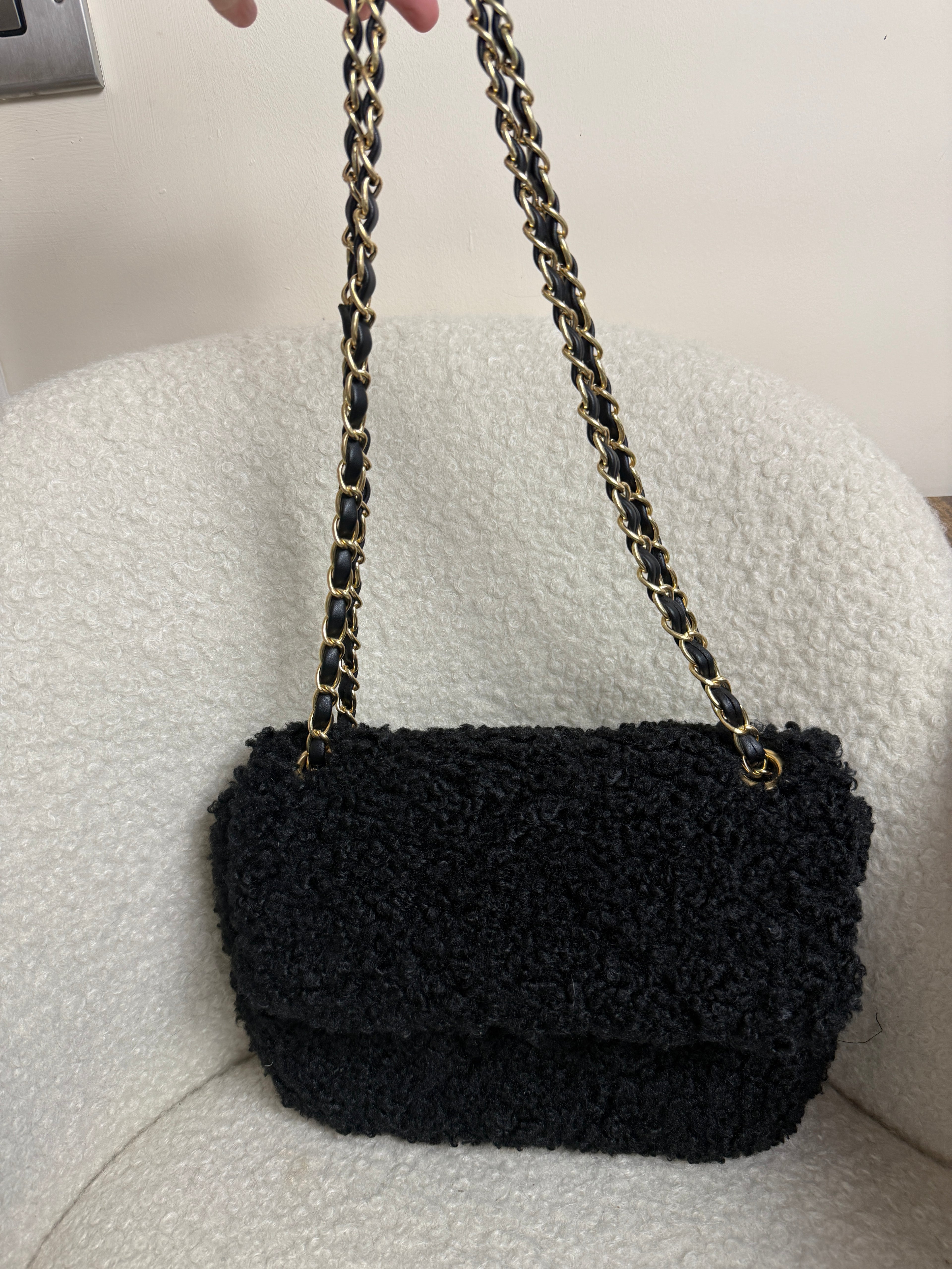 Missguided Black Sherpa Flap Bag Chain Strap Shoulder Bag