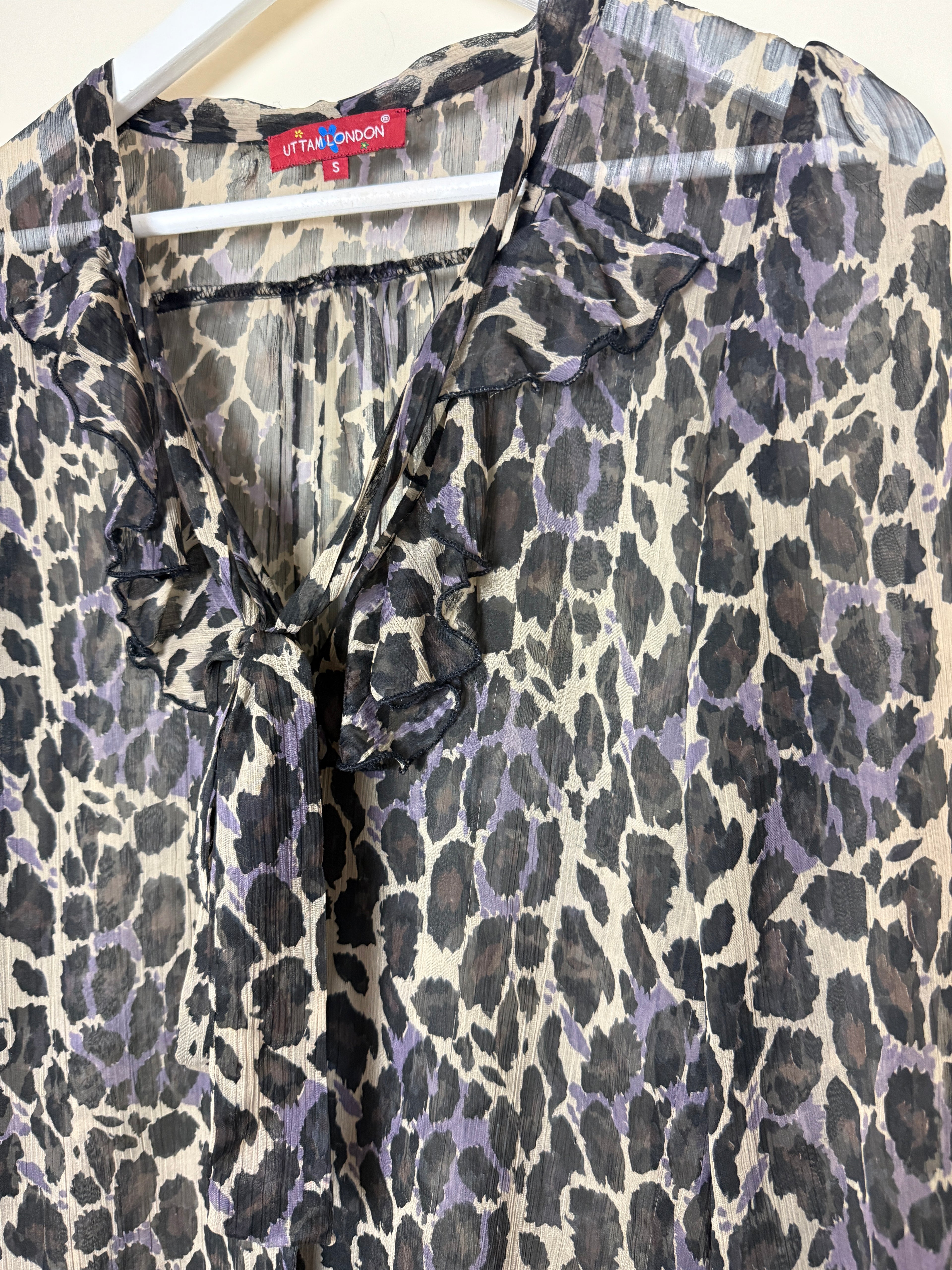 Uttam London Purple Grey Leopard Print Sheer Tie Neck Blouse Small