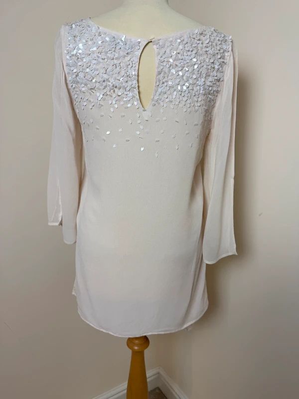 Mint Velvet Cream Asymmetric Tunic Blouse Chiffon Style Sequin UK 12
