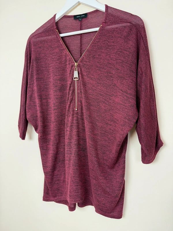 New Look Burgundy Top Half Zip 3/4 Sleeve Jersey Dip Hem Small