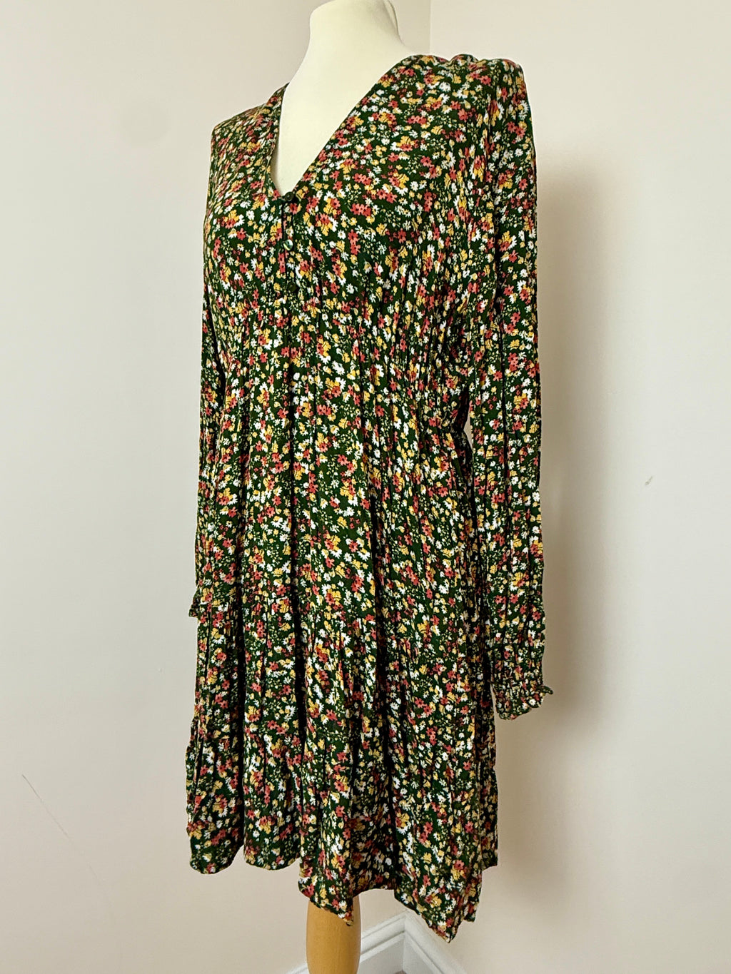 Apricot Green Ditsy Floral Smock Dress UK16 Long Sleeve Boho