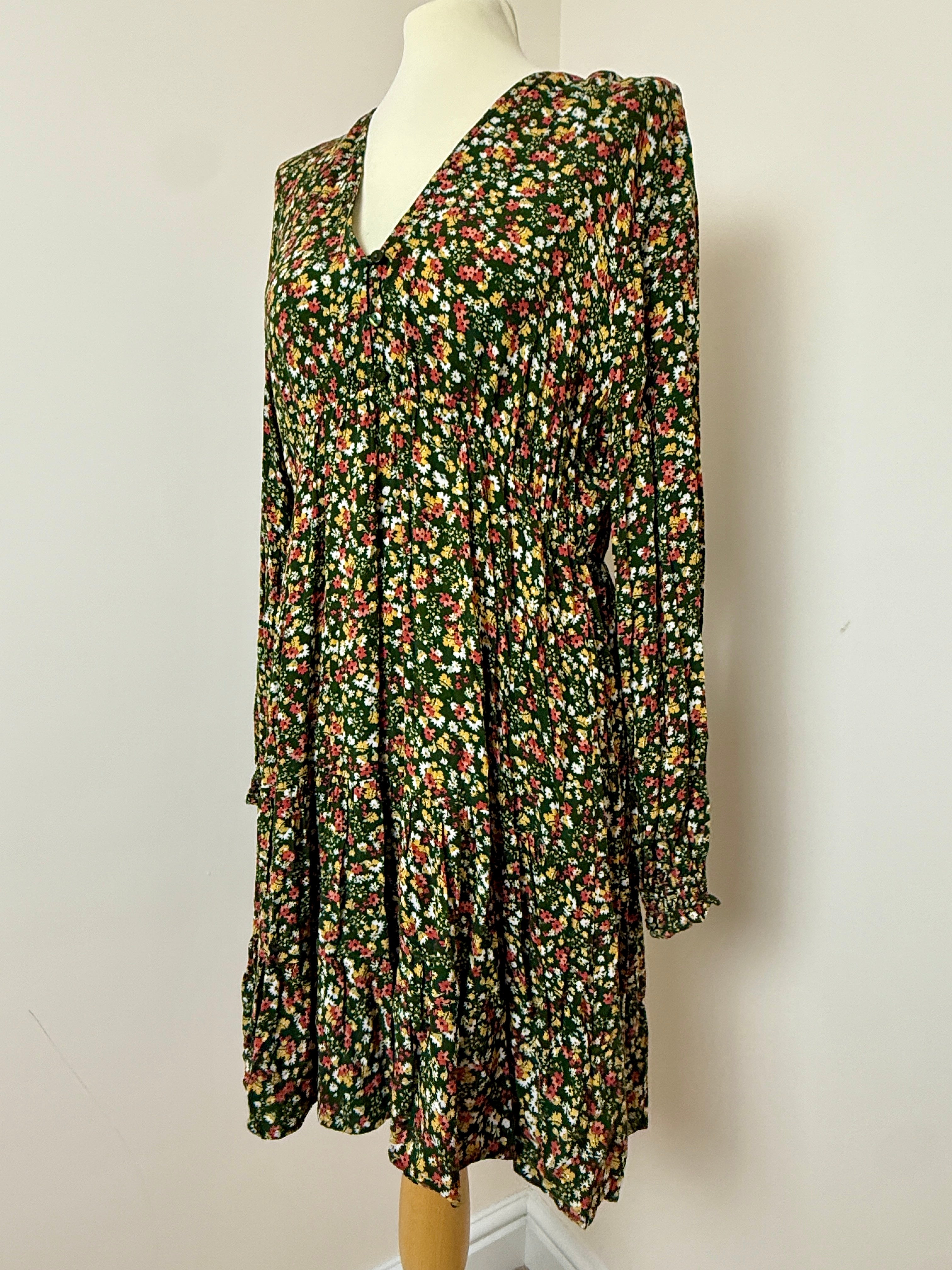 Apricot Green Ditsy Floral Smock Dress UK16 Long Sleeve Boho