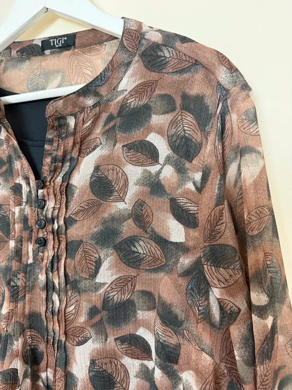 TIGI Brown Black Leaf Pattern Layered Sheer Blouse  - UK18/20