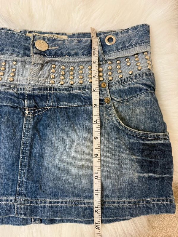 First Moon Y2K Grunge Denim Micro Mini Skirt Studded Distressed Pockets UK10