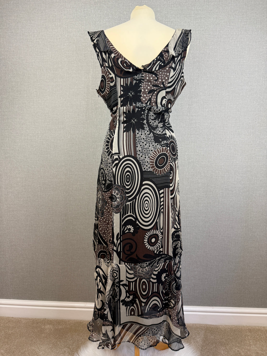 Planet Abstract Floral Chiffon Midi Dress UK14 Brown Black