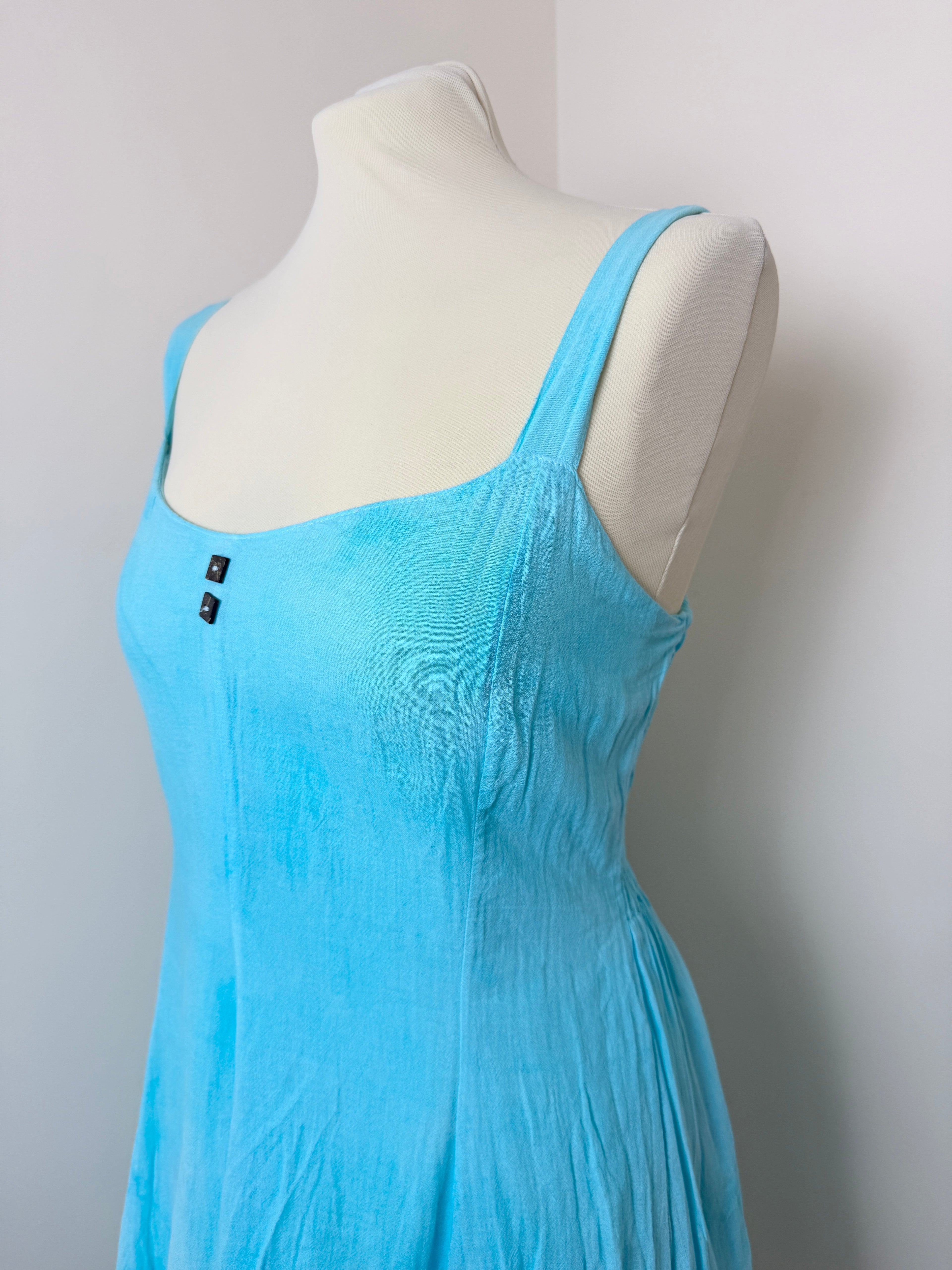 Blanc du Nil Blue Cotton Sundress UK8 Sleeveless Shirred Back Summer Dress