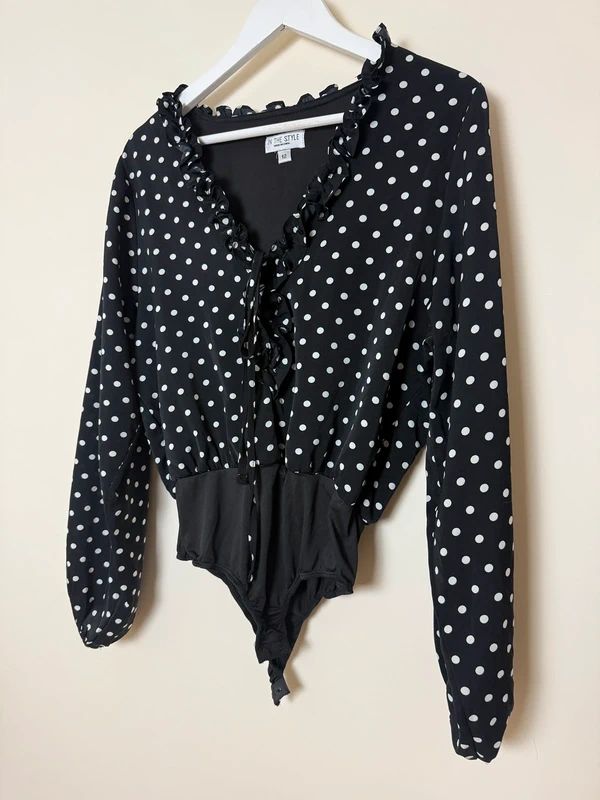 Black White Polka Dot Tie Front Blouse Bodysuit UK 12 Blouson Sleeve