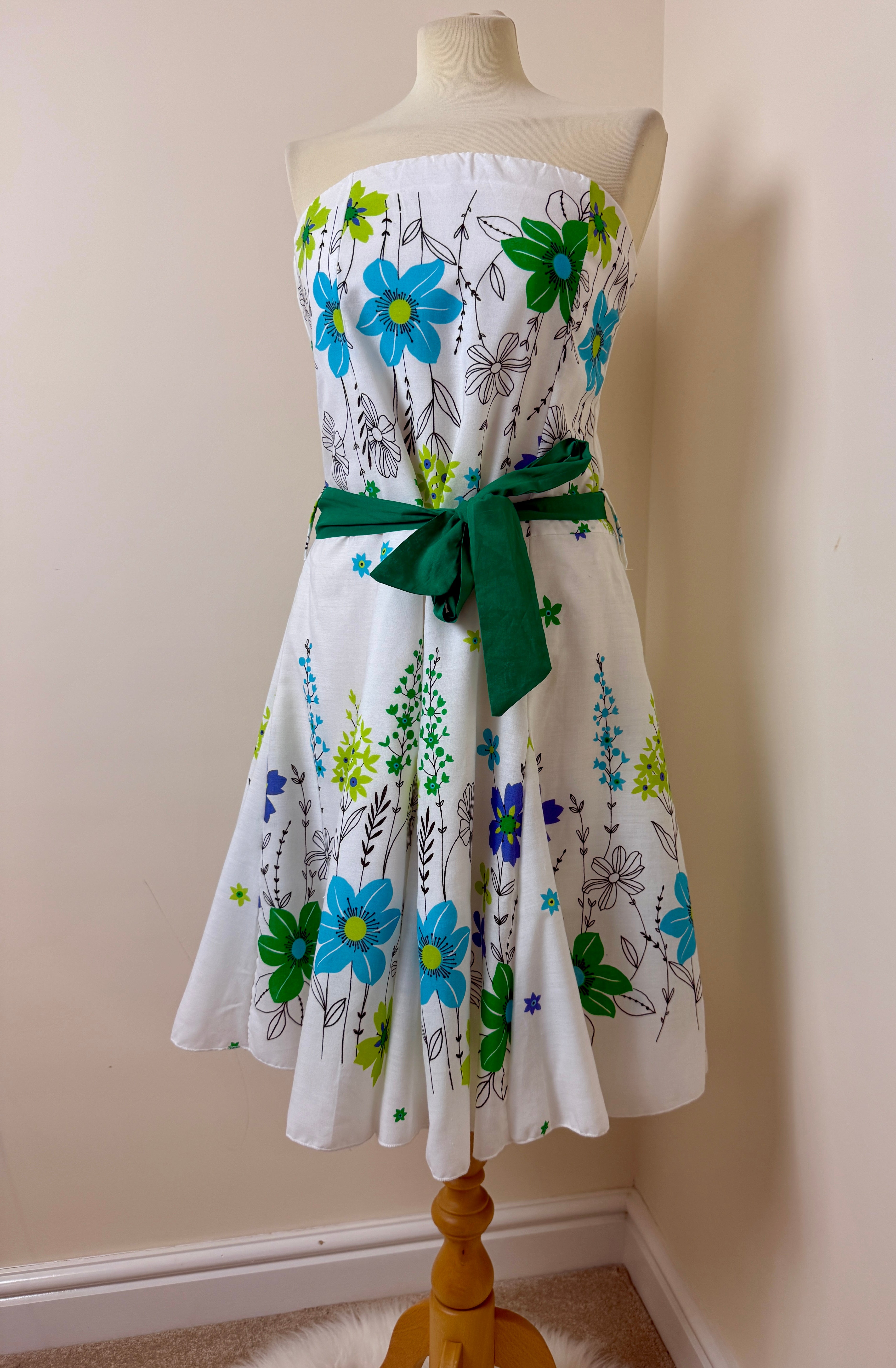 Vintage Style Floral Bandeau Cotton Dress UK14 Retro Summer Occasion Dress