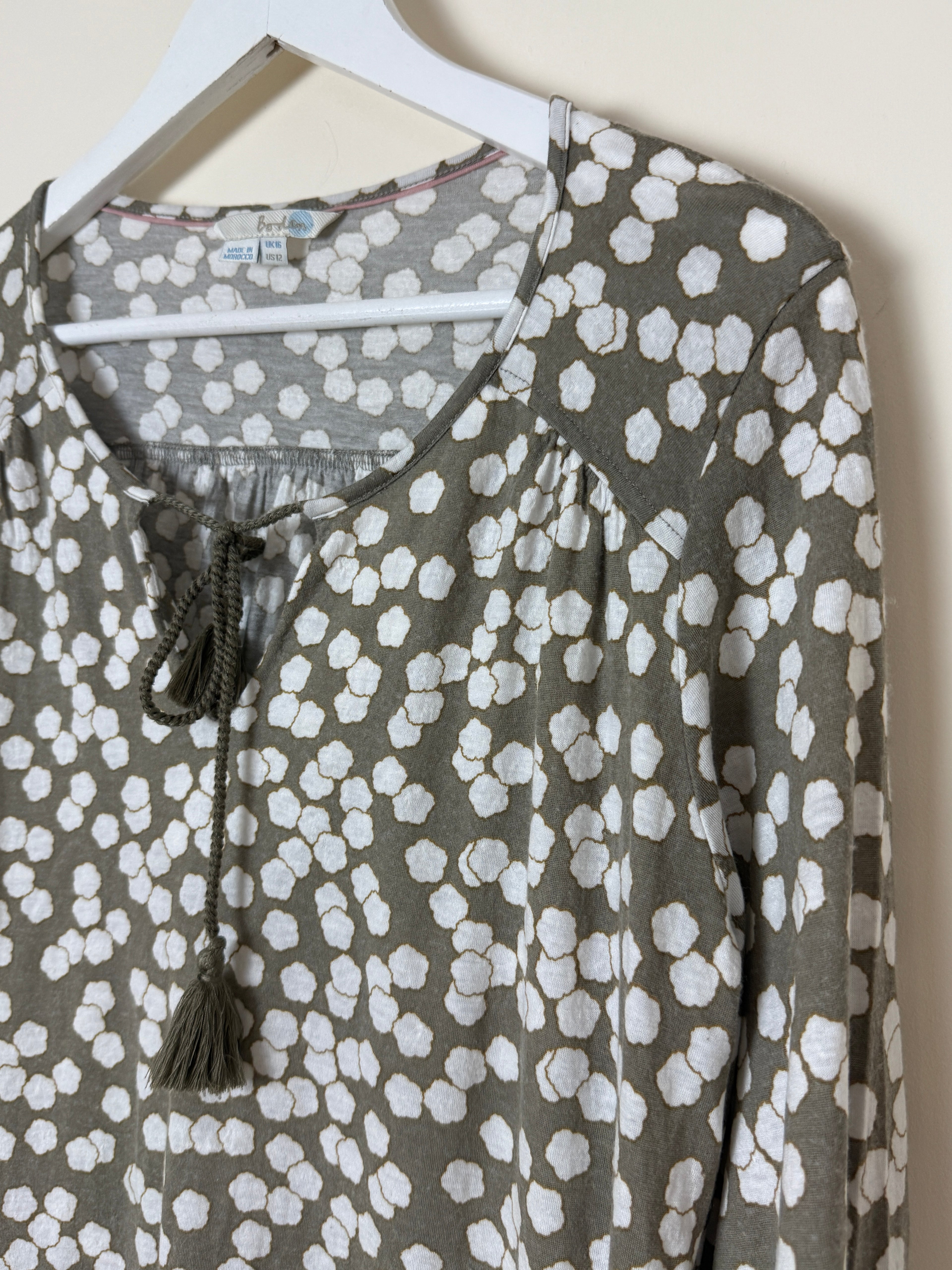Boden Beige White Spot Print Tassel Tie Top UK 16
