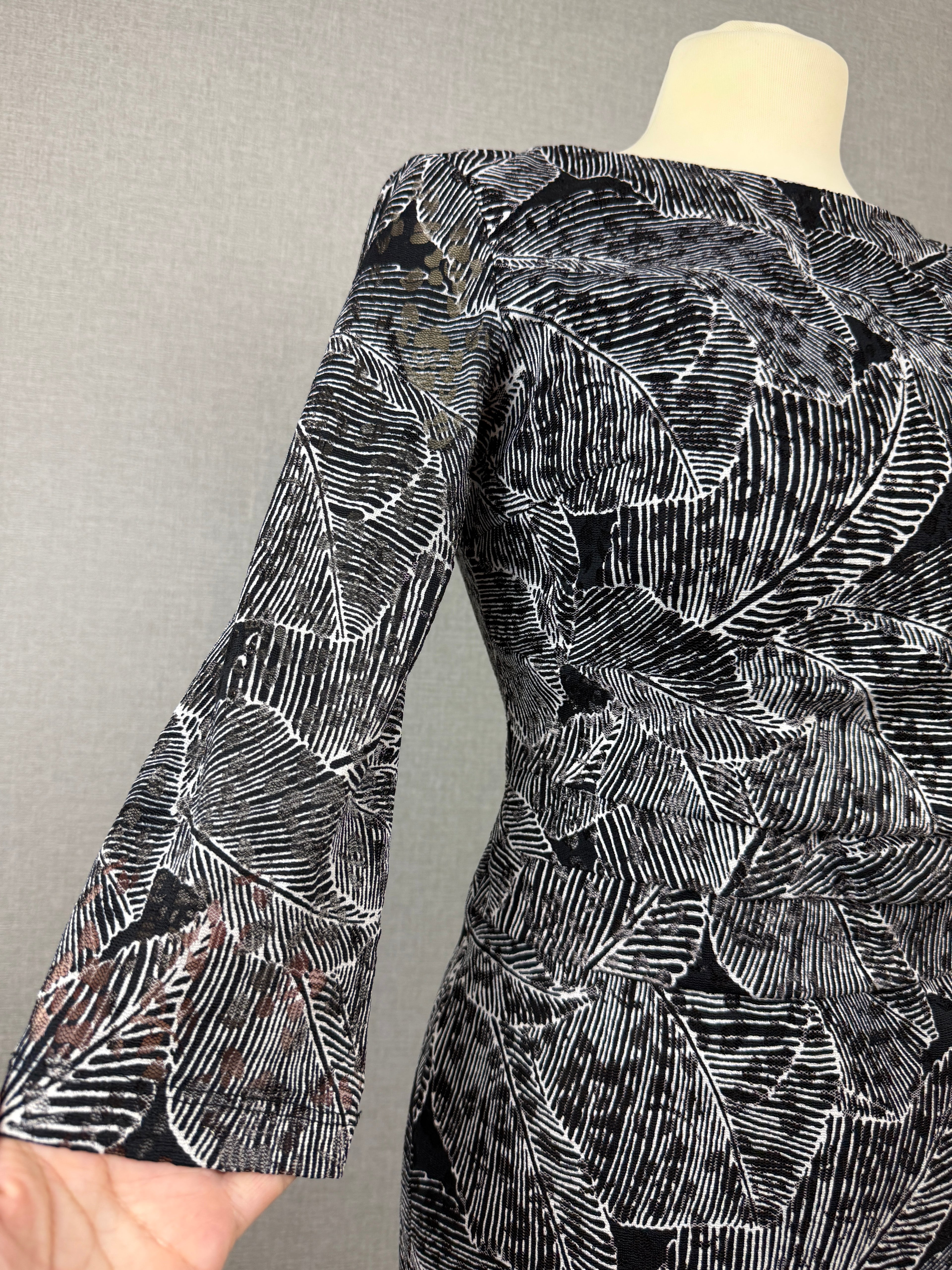 Phase Eight Black & White Leaf Print Sheath Dress UK 10 - Preloved