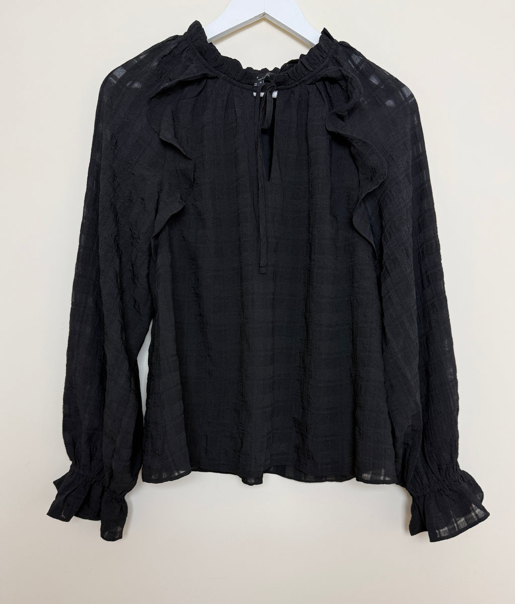 Nobody’s Child Black Ruffle Neck Textured Blouse UK 12 - Preloved
