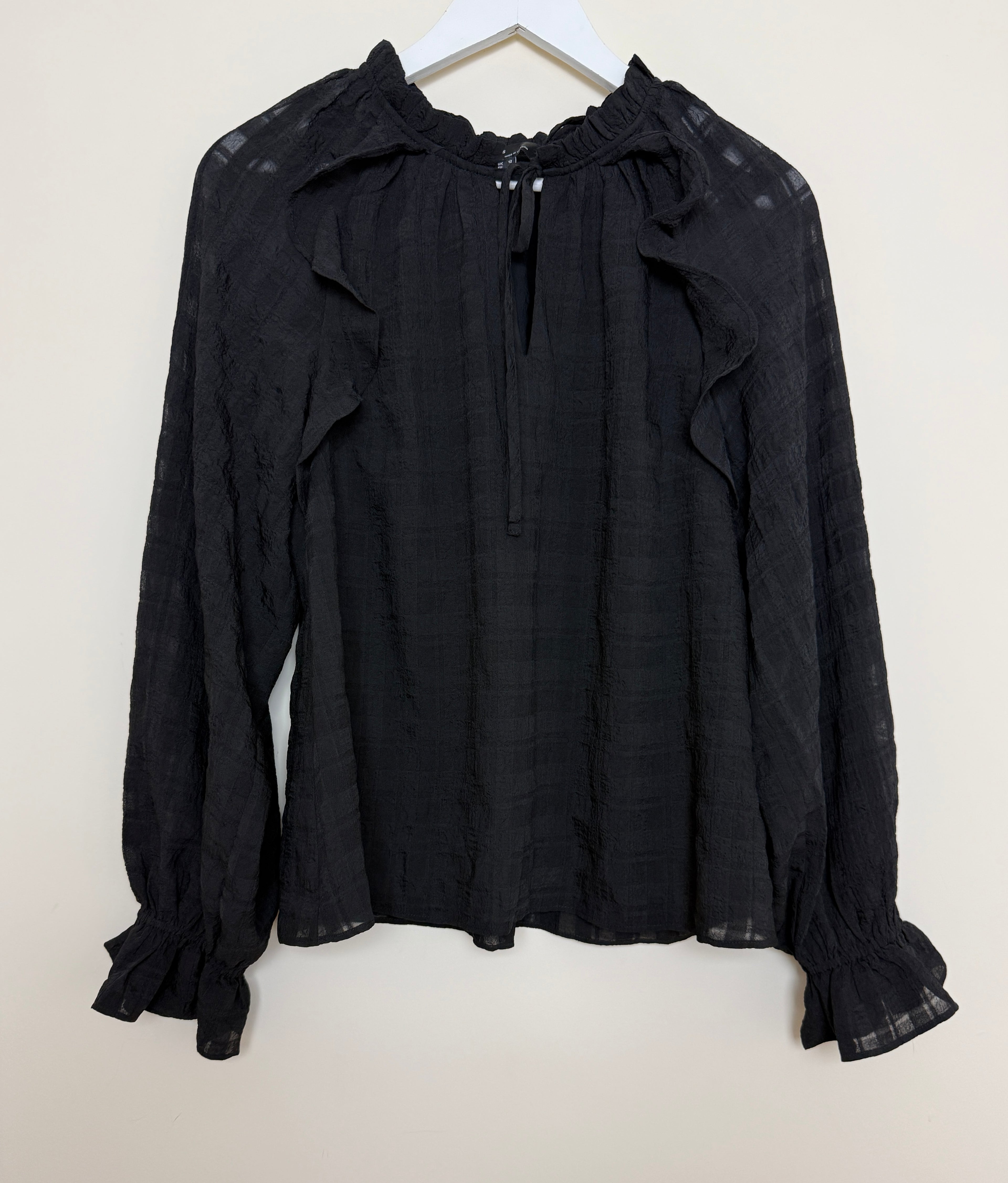 Nobody’s Child Black Ruffle Neck Textured Blouse UK 12 - Preloved