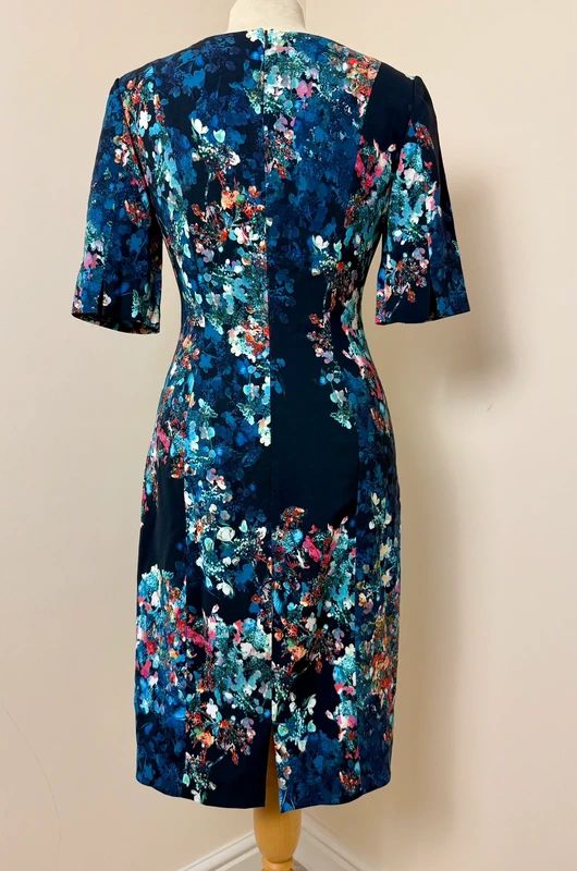 LK Bennett Marli Navy Blue Floral Print Dress with Ruched Waist – Occasion Smart Lined, UK 8, VGC