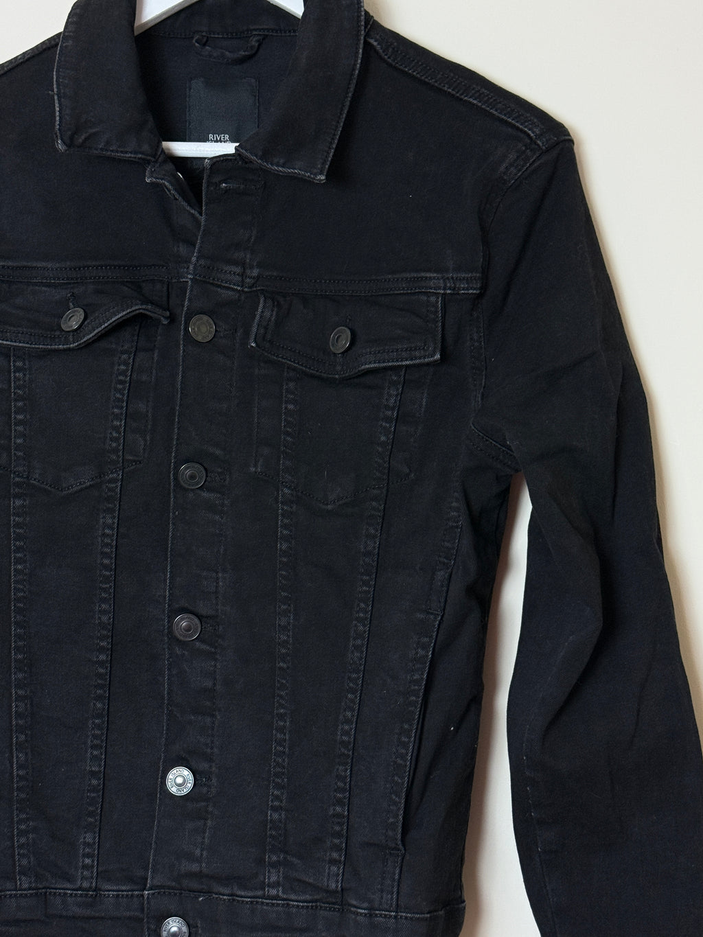 River Island Denim Jacket Black Stretch Slim Fit Trucker Womens