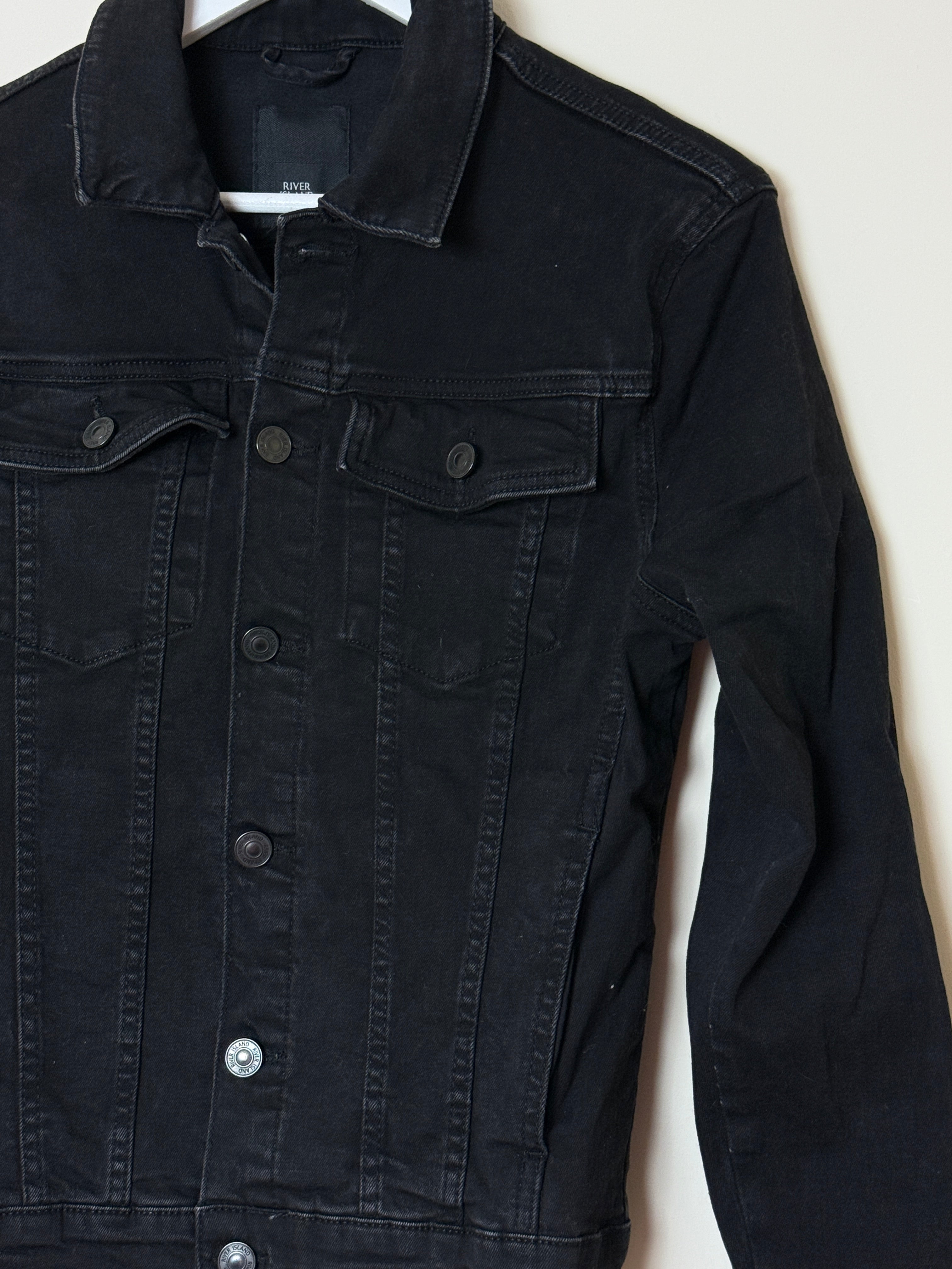 River Island Denim Jacket Black Stretch Slim Fit Trucker Womens