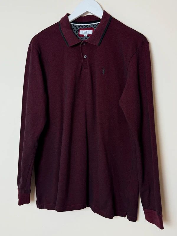 Next Burgundy Long Sleeve Polo Shirt Cotton Stretch XL